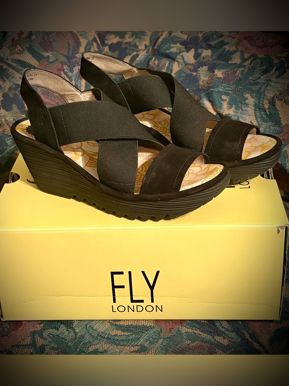 Fly London Black Elastic Crisscross Wedge Sandals